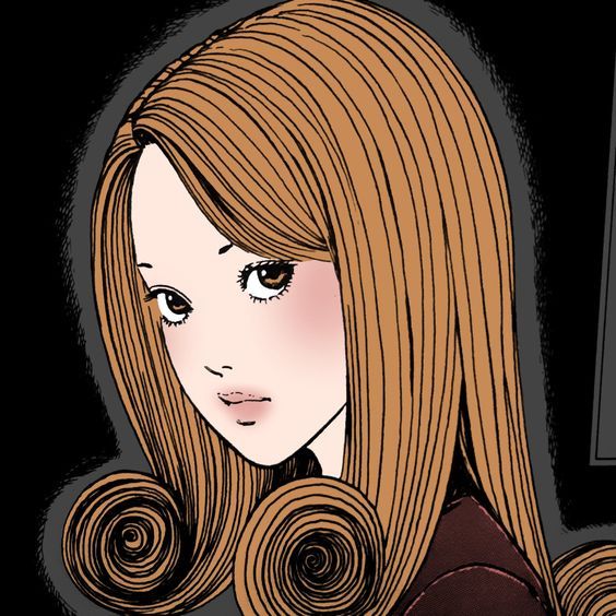 Anime girl with long brown hair and spiral curls against a black background