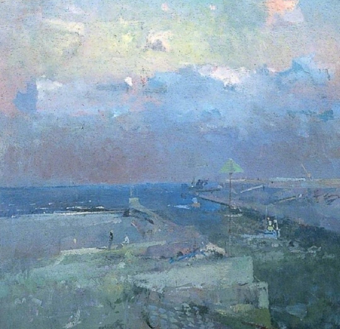 Impressionistic painting of Rye Harbour with blue sky, water, and green coastal land in soft muted tones