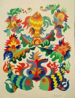 Abstract art with colorful fish and swirling patterns in red, blue, green, and yellow on cream background