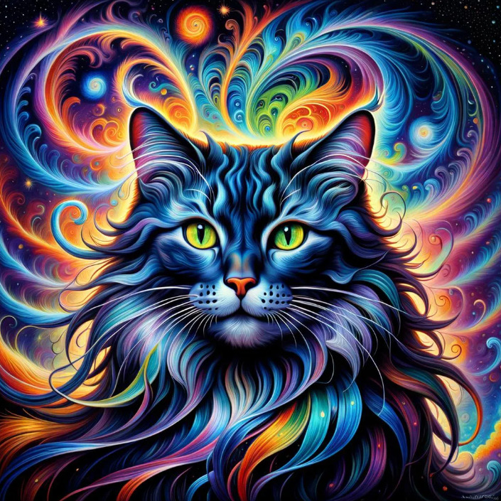 Blue cat with green eyes amid colorful swirling fractal patterns and stars