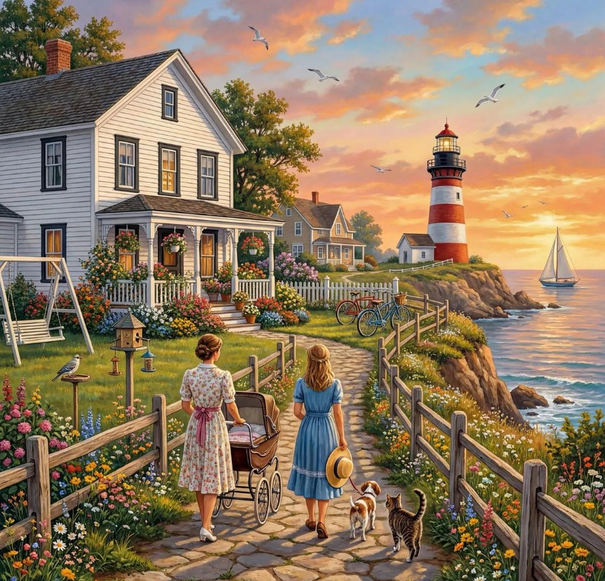 Two women walking garden path toward red-striped lighthouse beside coastal cottage at golden sunset with sailboats