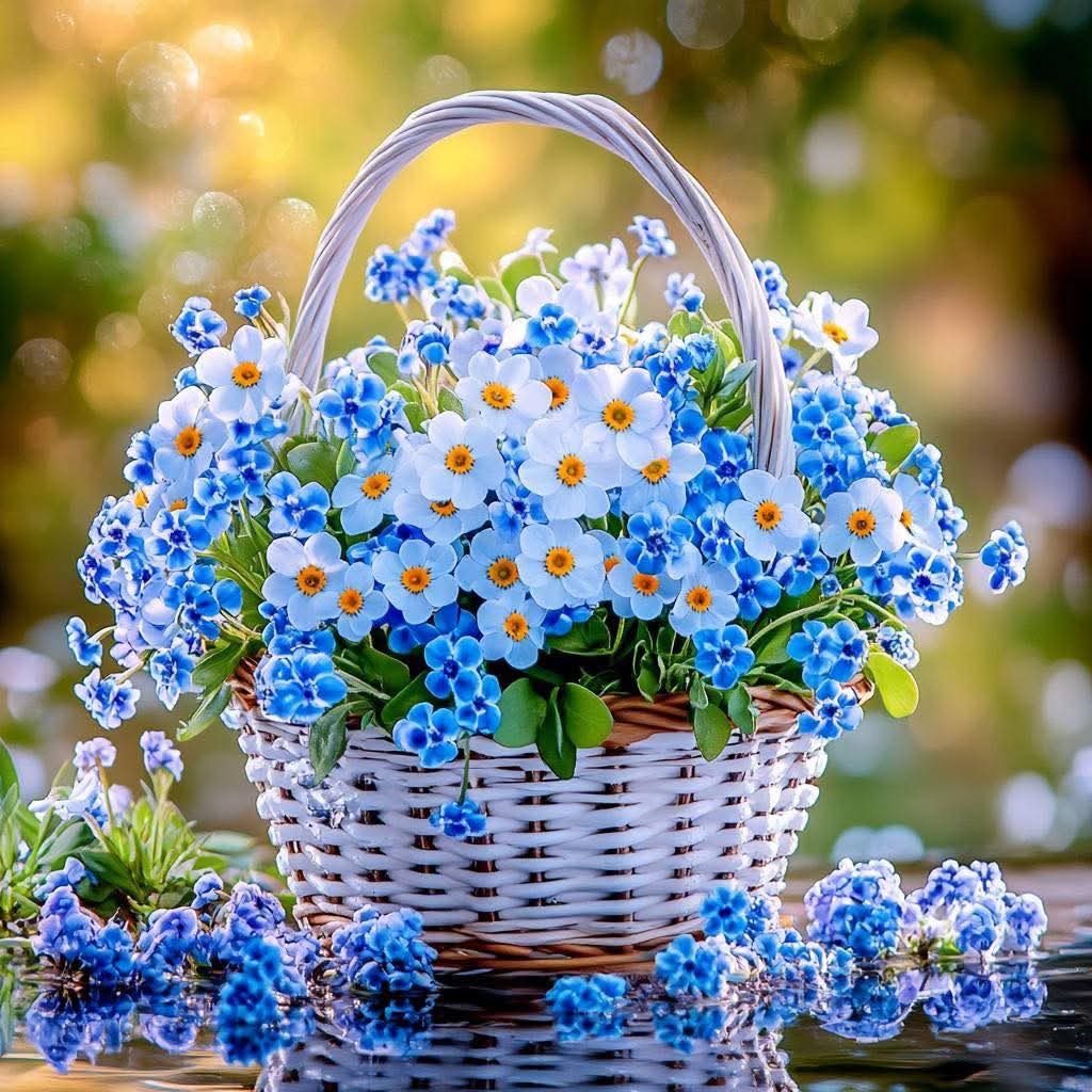 Wicker basket overflowing with blue and white forget-me-not flowers on reflective surface with blurred background