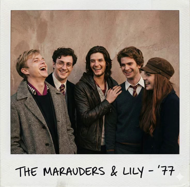 Group portrait of five smiling young people with handwritten text below reading The Marauders & Lily '77.