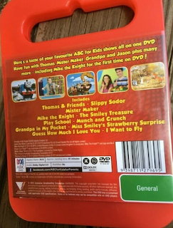 Back cover of an ABC Kids DVD with red case, listing shows like Thomas & Friends and Mister Maker