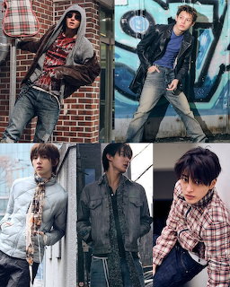 Collage of five young K-pop male artists in casual streetwear and denim outfits posing outdoors