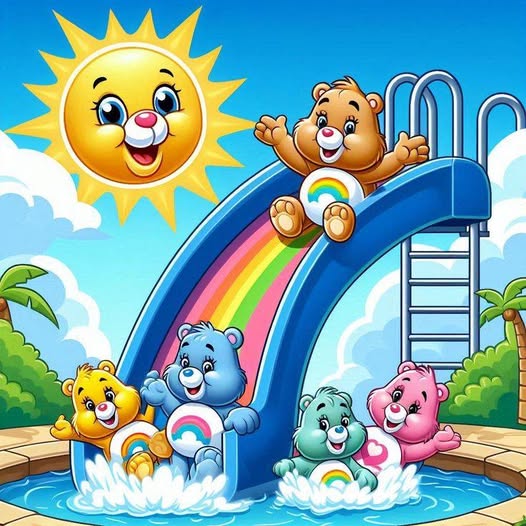 Care Bears sliding down rainbow water slide into pool with sun and clouds