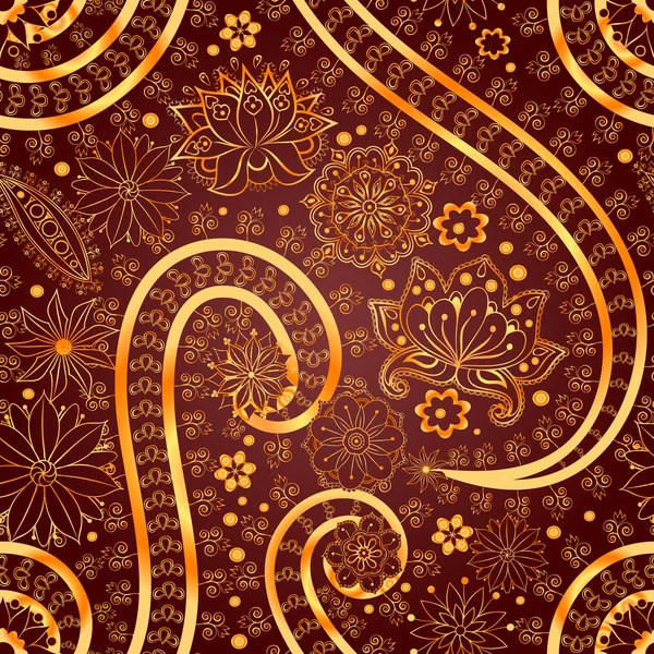 Golden floral and paisley ethnic seamless pattern on dark brown background with swirls and ornate details