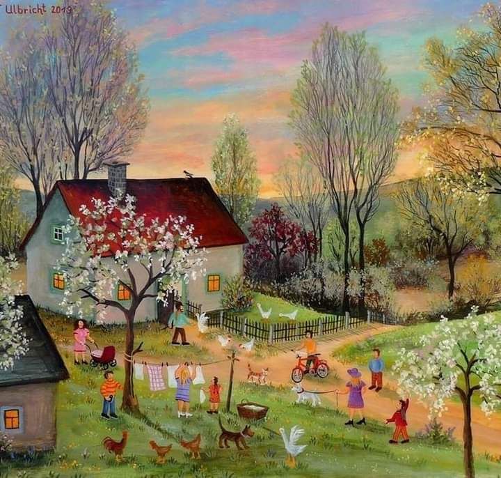 Folk art painting of spring farm scene with farmhouse, blooming trees, playing children, and animals under colorful sky