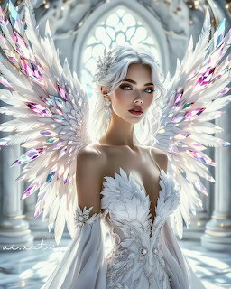 Fantasy angel woman with white hair and iridescent crystal wings wearing a white feathered gown
