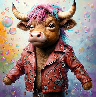 Stylized bull with colorful hair wearing a red leather jacket, surrounded by bubbles
