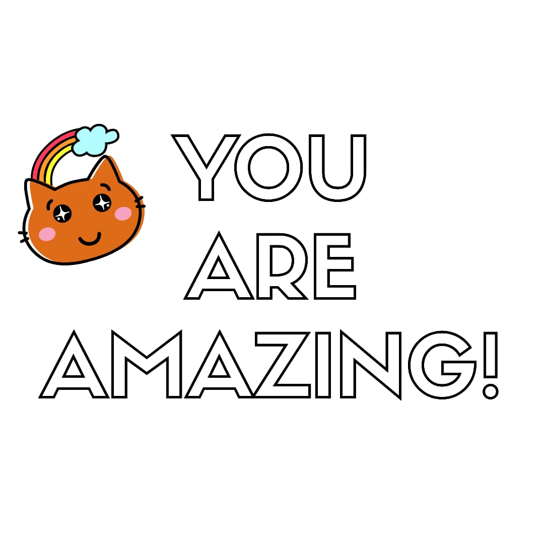 Cute orange cartoon face with a rainbow and cloud next to the text 'YOU ARE AMAZING!'