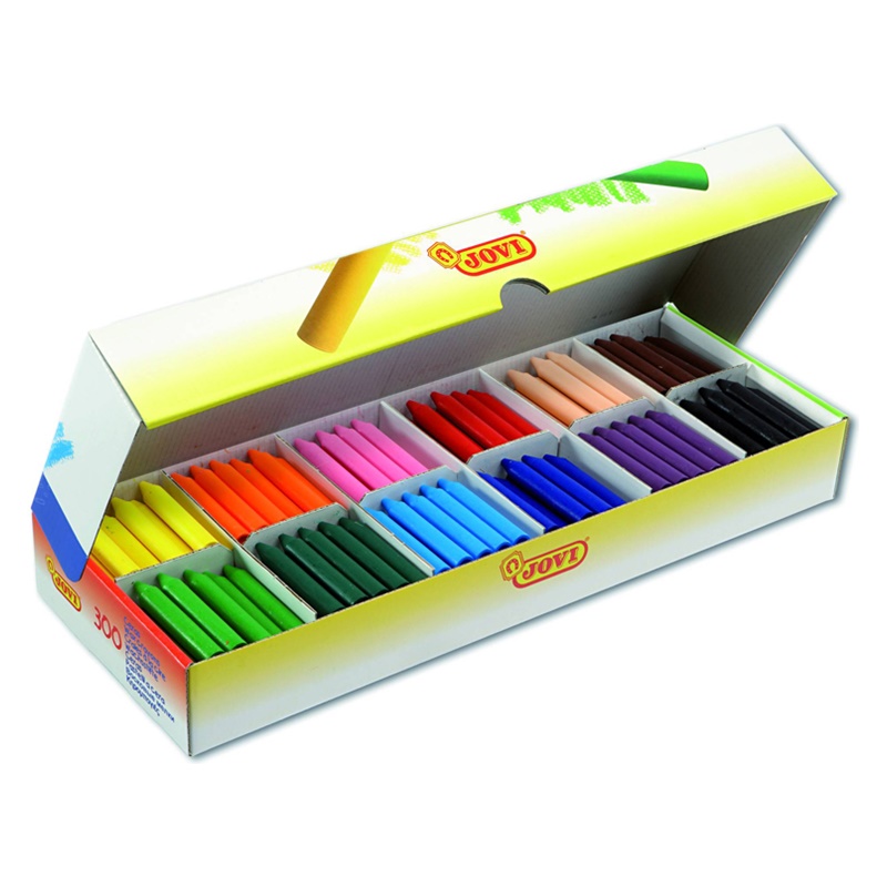 Open box of assorted colored crayons arranged by color on a white background