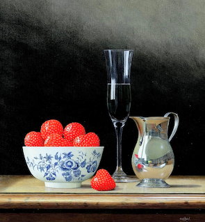 Still life painting with strawberries in decorated bowl, wine glass and small pitcher on table against dark background