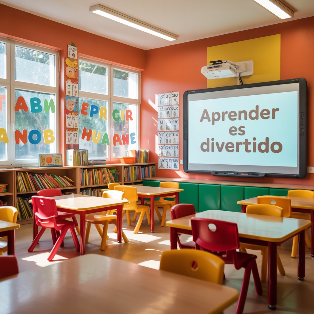 Colorful classroom with children's tables, chairs, books, alphabet wall decorations, and a large screen