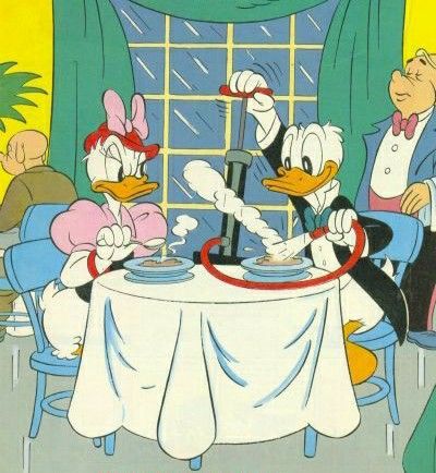 Donald Duck and Daisy Duck sitting at a restaurant table in a classic Disney cartoon illustration