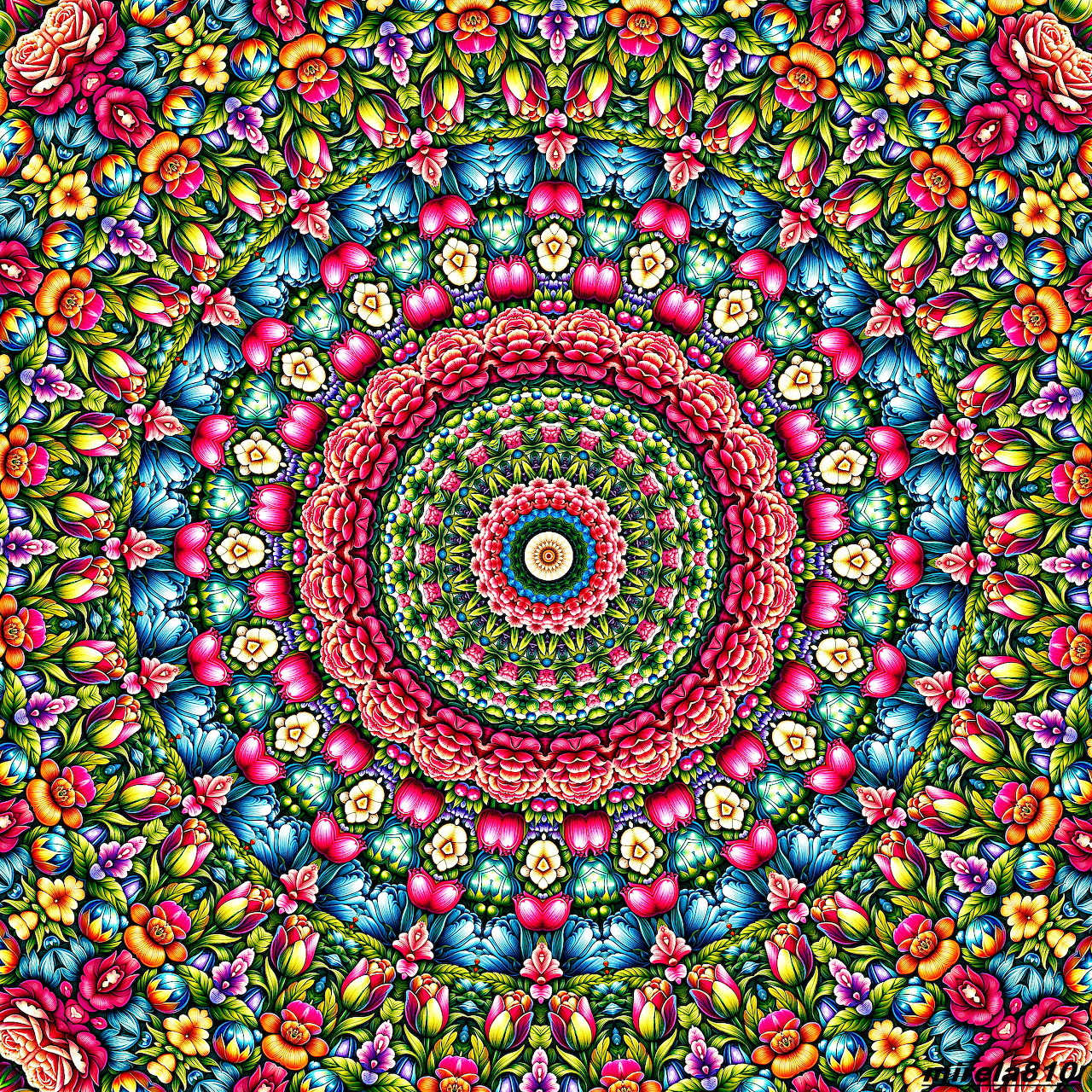 Vibrant circular mandala with symmetrical floral patterns in pink, blue, yellow, and green on black background