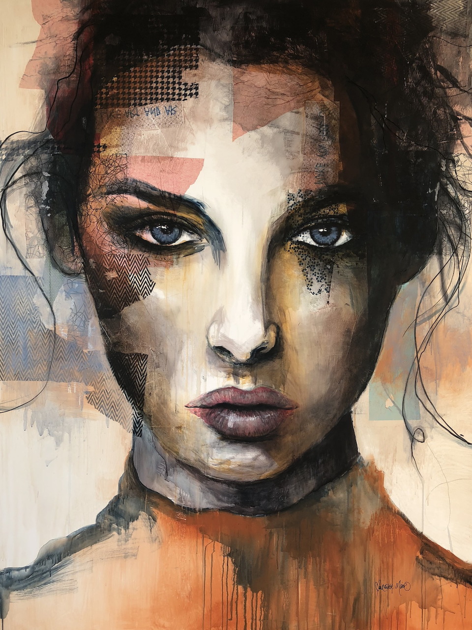 Expressive painted portrait of a woman with dark hair and intense gaze against an abstract background