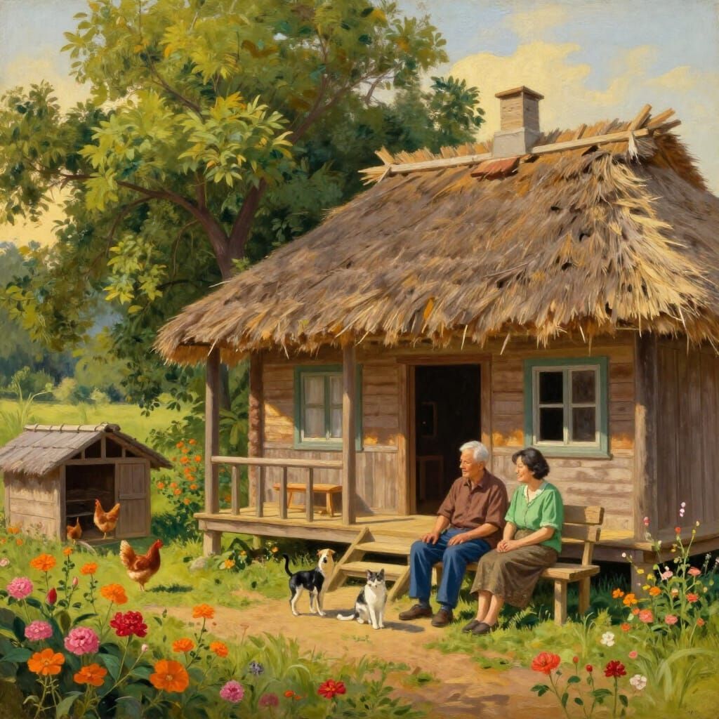Elderly couple outside a thatched cottage with flowers, chickens, and a small dog