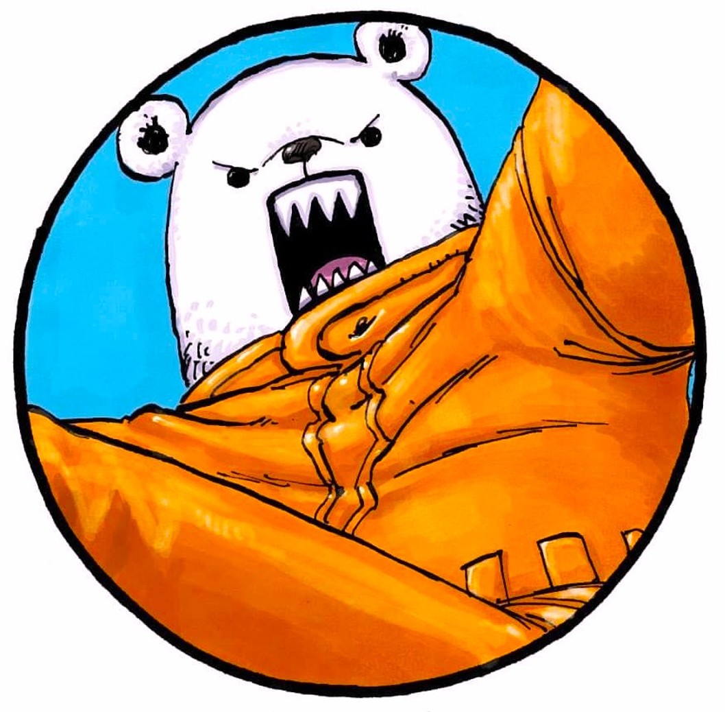 Cartoon polar bear with angry expression in orange jacket