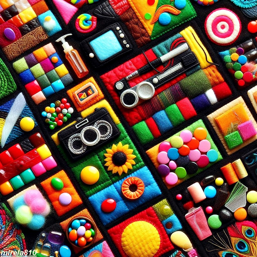 Grid of colorful toy miniatures including cameras, trains, geometric shapes, and patterned objects in square sections