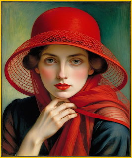 Portrait of woman in red hat with mesh veil and scarf against teal background