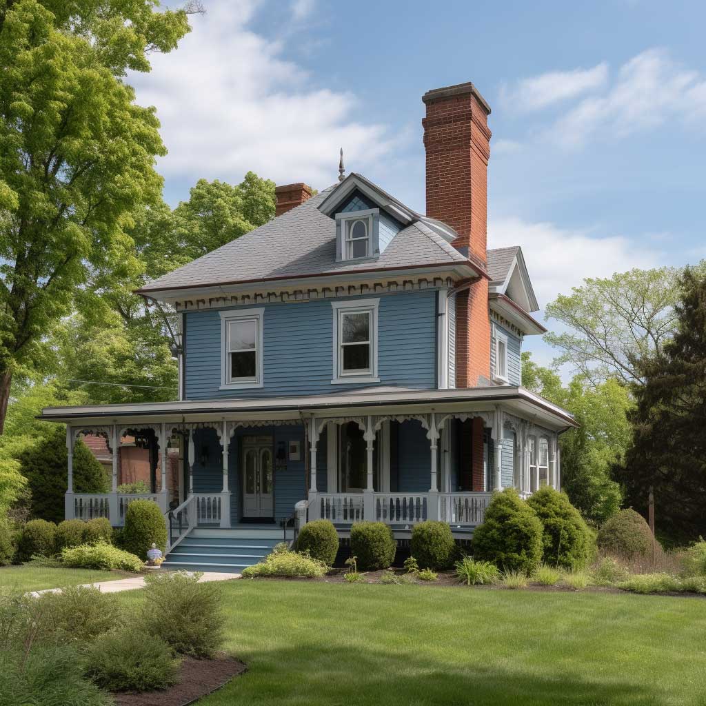 Blue Victorian house with wraparound porch, brick chimney, and green lawn on a sunny day