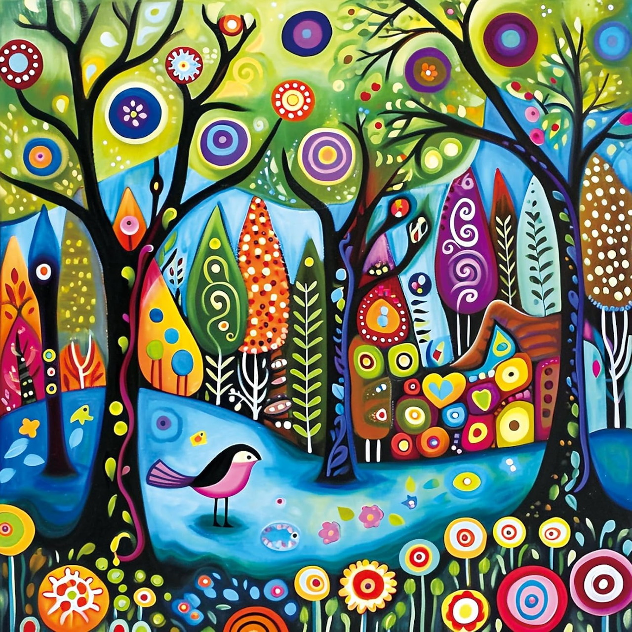 Colorful folk art forest scene with patterned trees, flowers, birds, and geometric shapes in vibrant hues
