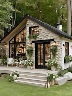 Small stone cottage in the woods with black trim, patio chairs, steps, and potted plants