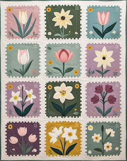 Grid of twelve vintage floral postage stamps with various flowers in pastel and muted tones