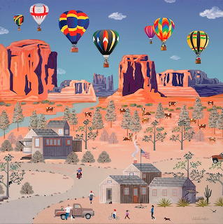 Folk art illustration of hot air balloons over a southwestern desert village with red rock mesas
