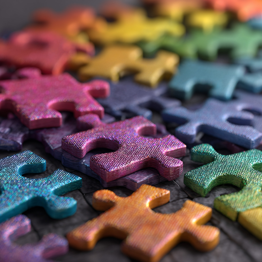 Close-up of colorful interlocking jigsaw puzzle pieces in metallic shades