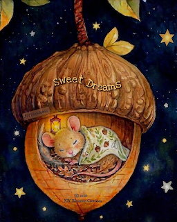 Sleeping mouse curled inside a hanging walnut shell nest beneath a starry night sky