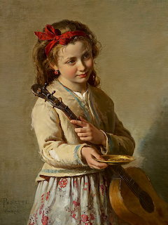 Young girl in historical dress holding a guitar, classical portrait painting with neutral background