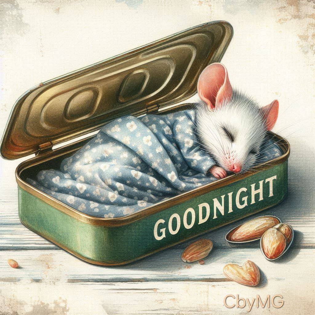 Illustration of a white mouse sleeping in a sardine tin under a blue floral blanket with Goodnight text