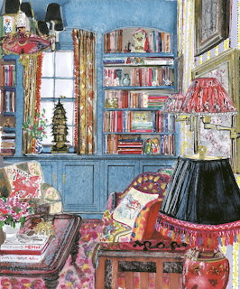 Watercolor painting of cozy reading room with bookshelves, window, decorated armchair and lamp