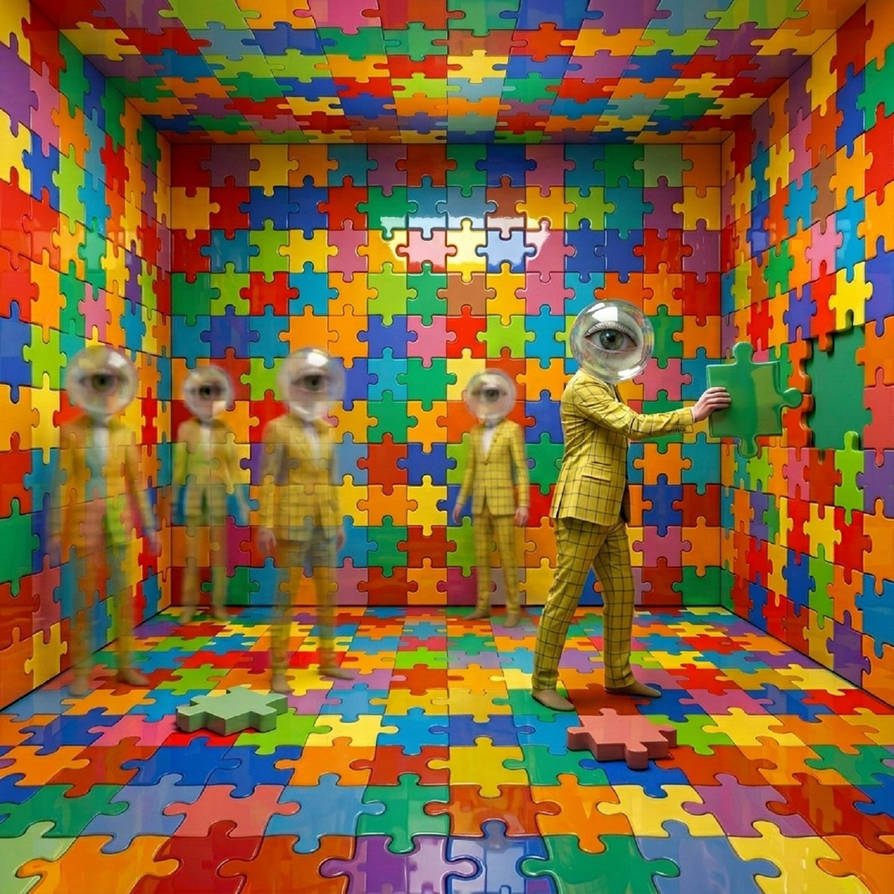 Sureal art of a man in a jigsaw-patterned suit inside a colorful puzzle piece room with eyeball figures