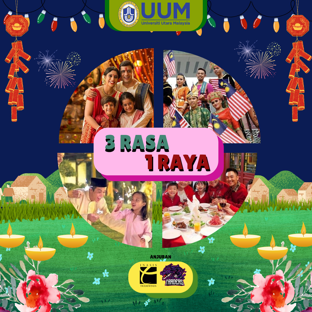 Festive Raya celebration collage with families, lanterns, fireworks, and traditional decorations