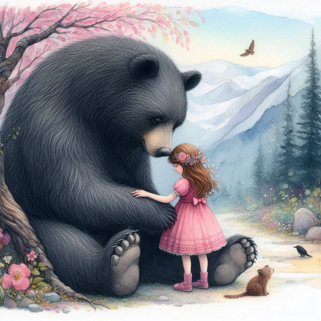 Young girl in pink dress next to sitting black bear in mountain setting with pink flowering trees