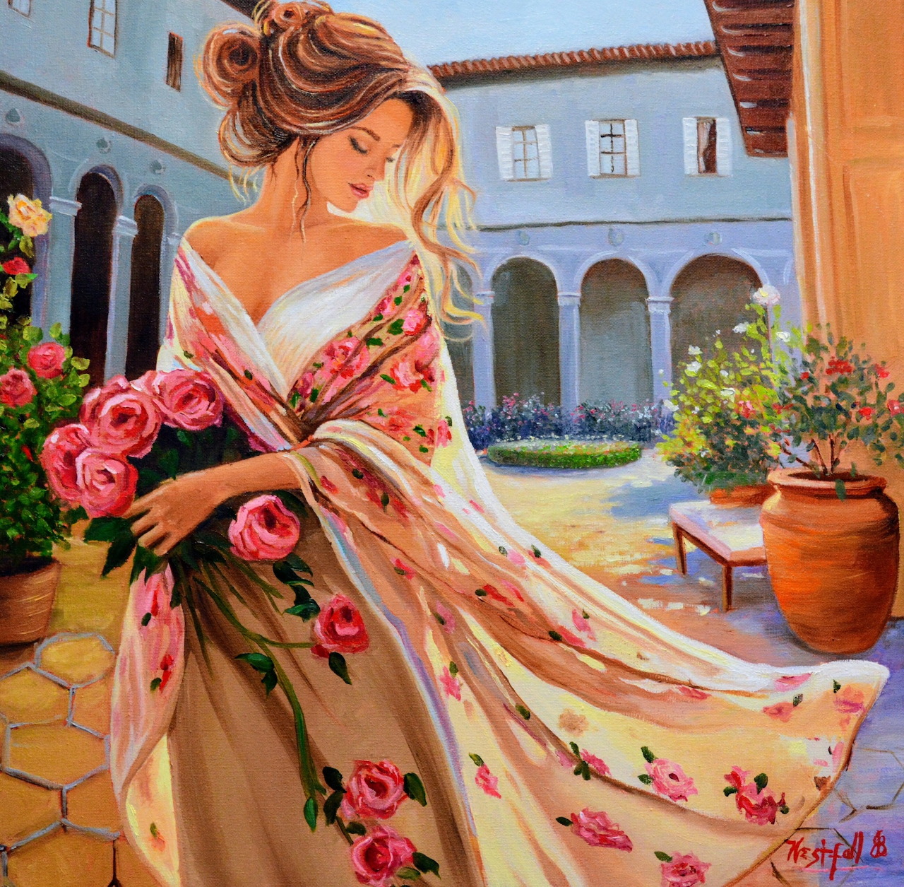 Woman in Floral Courtyard