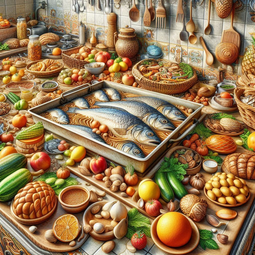 Abundant kitchen table with fish, vegetables, fruits, breads, pottery and copper cookware in warm lighting