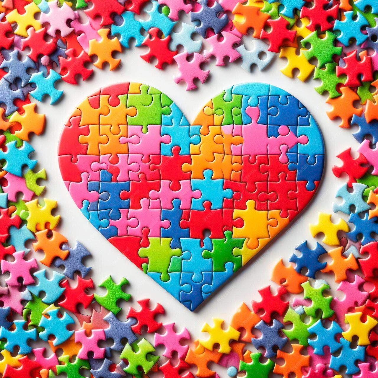 Heart-shaped rainbow jigsaw puzzle surrounded by colorful scattered puzzle pieces
