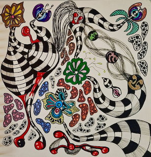 Zentangle art with black striped curves, colorful mandala flowers, and abstract doodle patterns