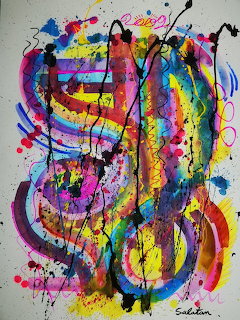 Abstract painting with colorful paint splatters, drips, and bold brushstrokes in rainbow hues on white canvas