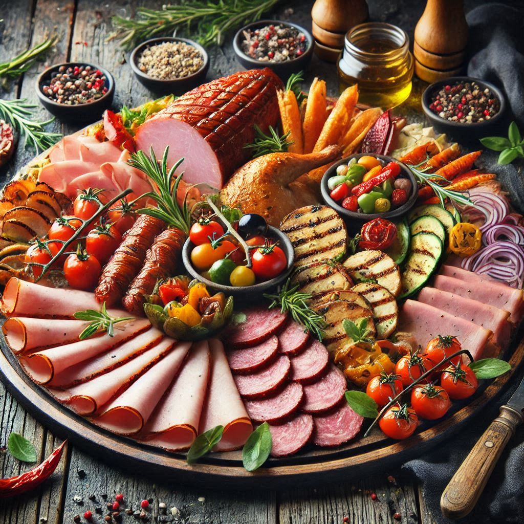 Circular charcuterie board with assorted cured meats, grilled vegetables, tomatoes, and fresh herbs on rustic wooden table