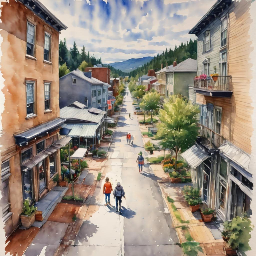 Watercolor painting of a small town street with historic buildings, trees, and people walking under cloudy mountain skies