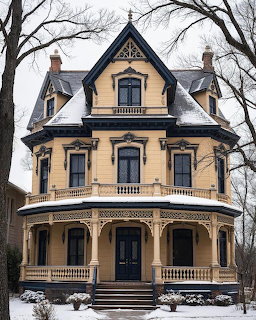 Yellow Victorian mansion with dark trim and wraparound porch in snow