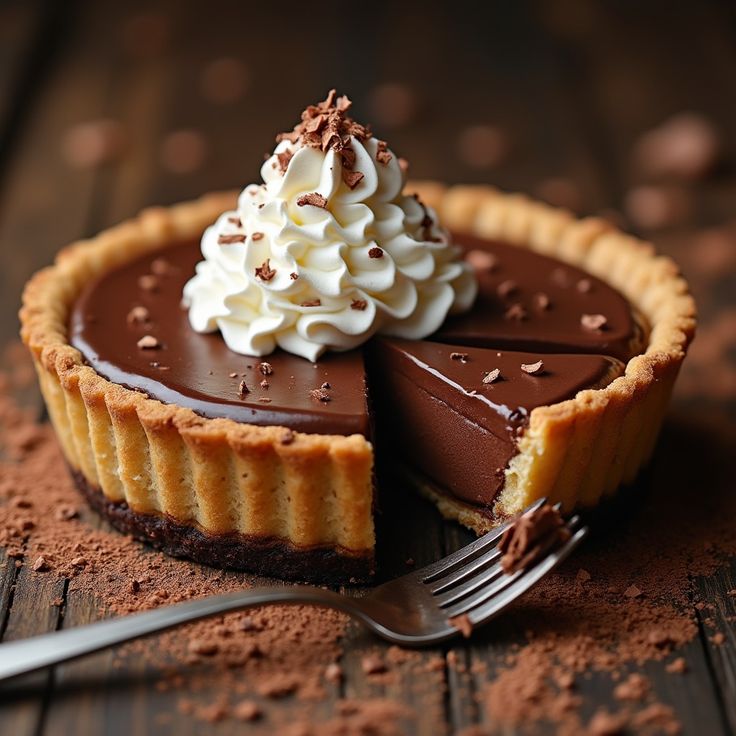Chocolate tart with whipped cream and shavings, one slice cut, fork beside it on wooden board dusted with cocoa powder