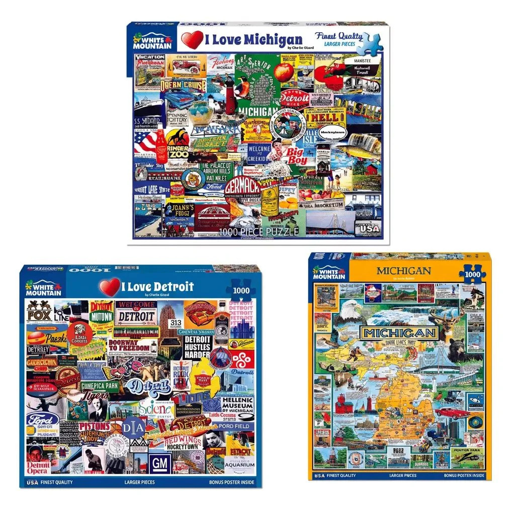 Three Michigan and Detroit themed puzzle box images with colorful collage artwork and a state map