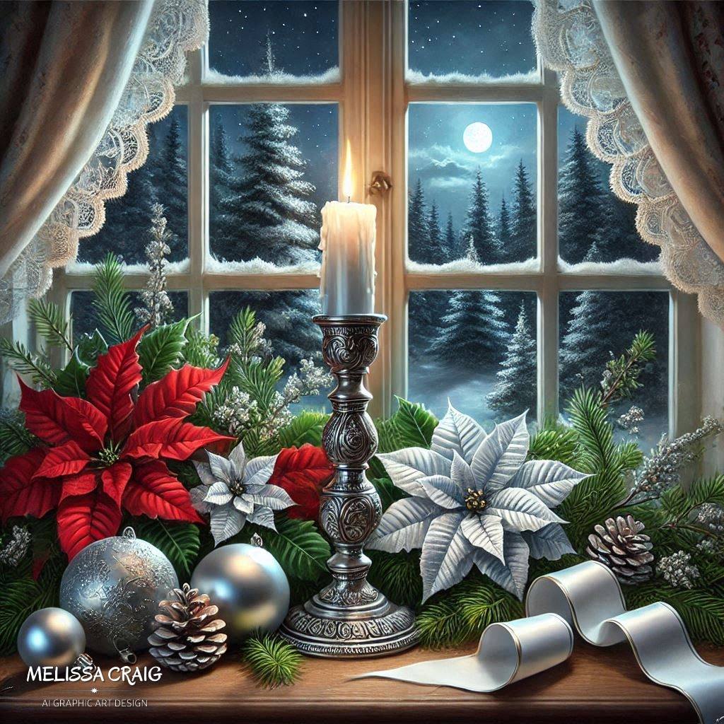 Christmas window display with red and white poinsettias, silver ornaments, lit candle, and snowy pine forest view outside