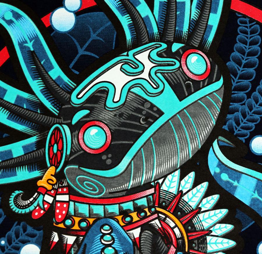 Colorful abstract tribal mask illustration with turquoise, red, and black decorative patterns